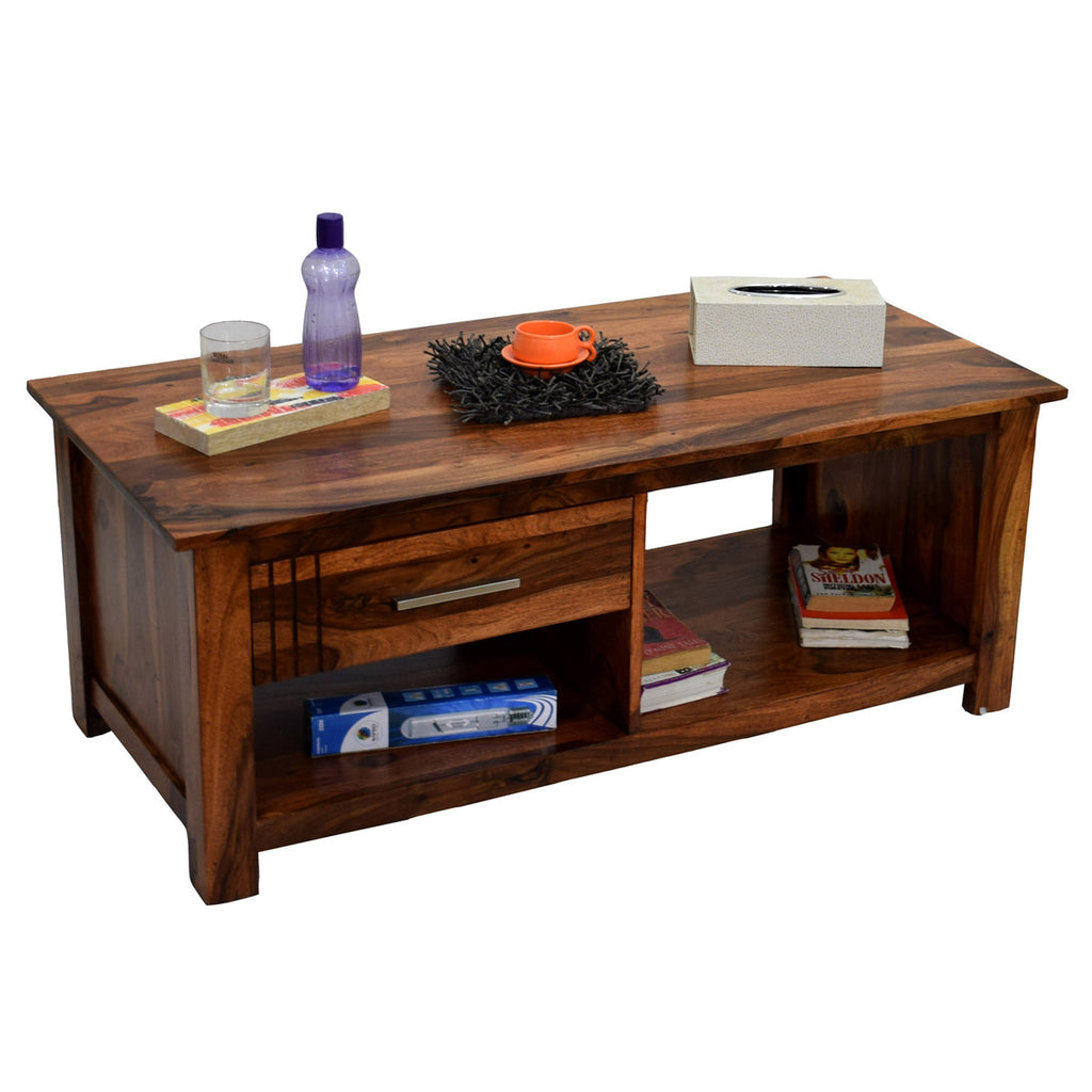 TimberTaste Sheesham Wood 1 Draw with shelves BOSCO Natural Teak Coffee Center Table Teapoy