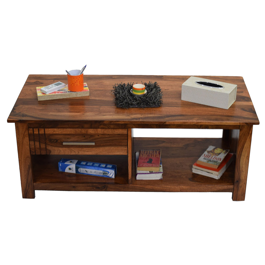 TimberTaste Sheesham Wood 1 Draw with shelves BOSCO Natural Teak Coffee Center Table Teapoy