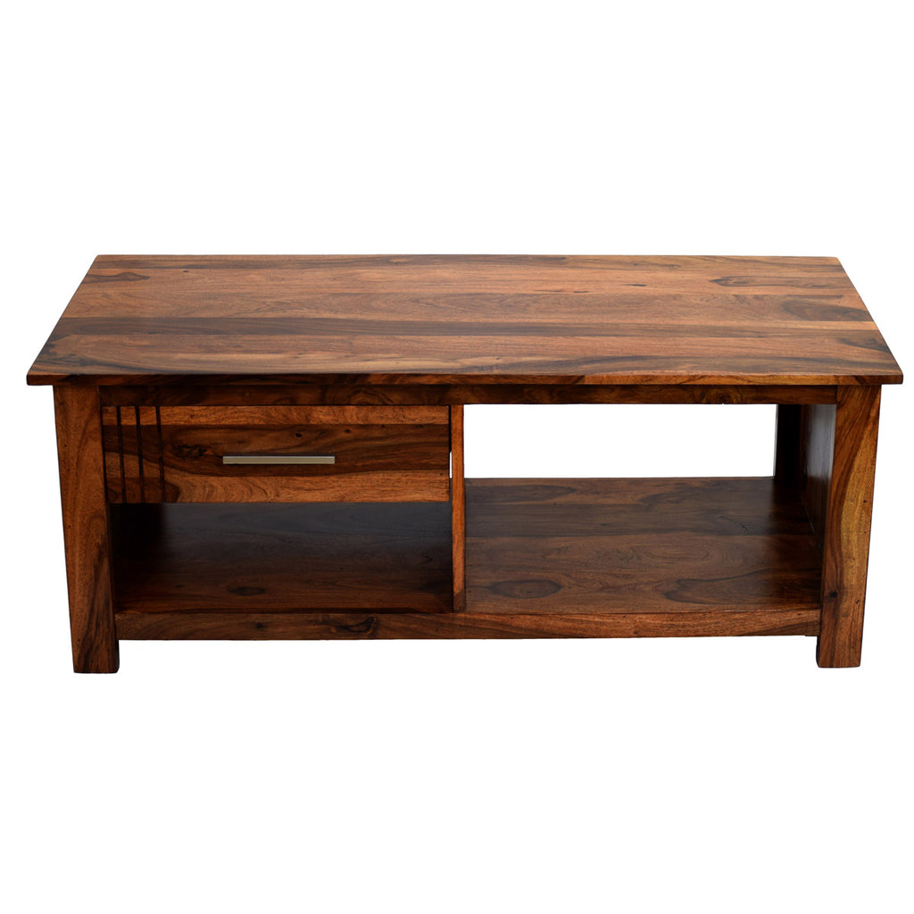 TimberTaste Sheesham Wood 1 Draw with shelves BOSCO Natural Teak Coffee Center Table Teapoy