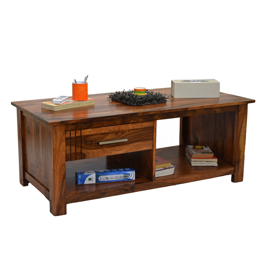 TimberTaste Sheesham Wood 1 Draw with shelves BOSCO Natural Teak Coffee Center Table Teapoy