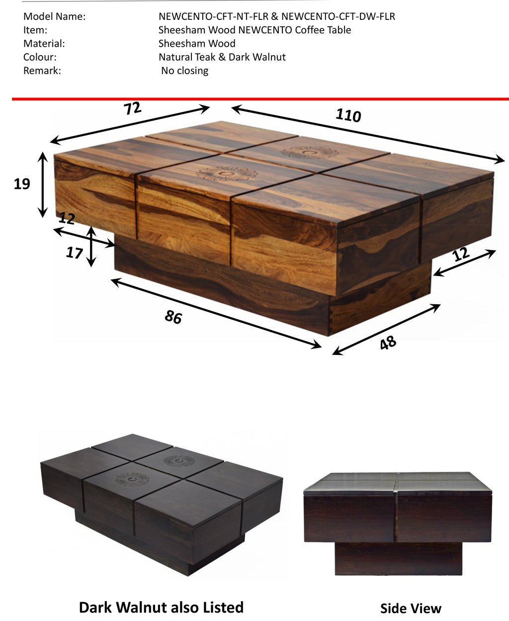 TimberTaste Solid Sheesham Wood NEWCENTO-FLR Coffee Table Dark Walnut For Home Furniture