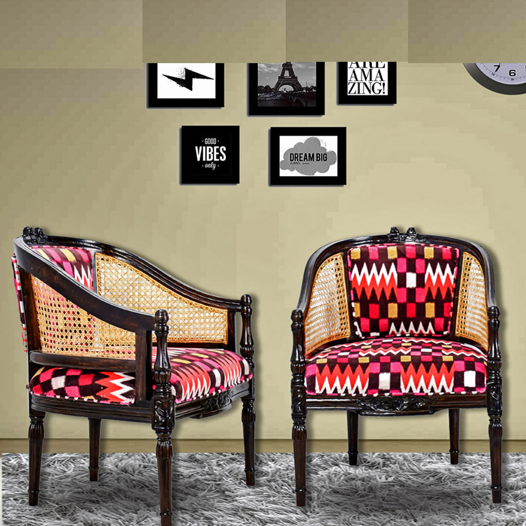 TimberTaste CANE Red Abstract Design Lounge Cafetaria Accent Patio Chair Solid Wood Walnut Finish Frame