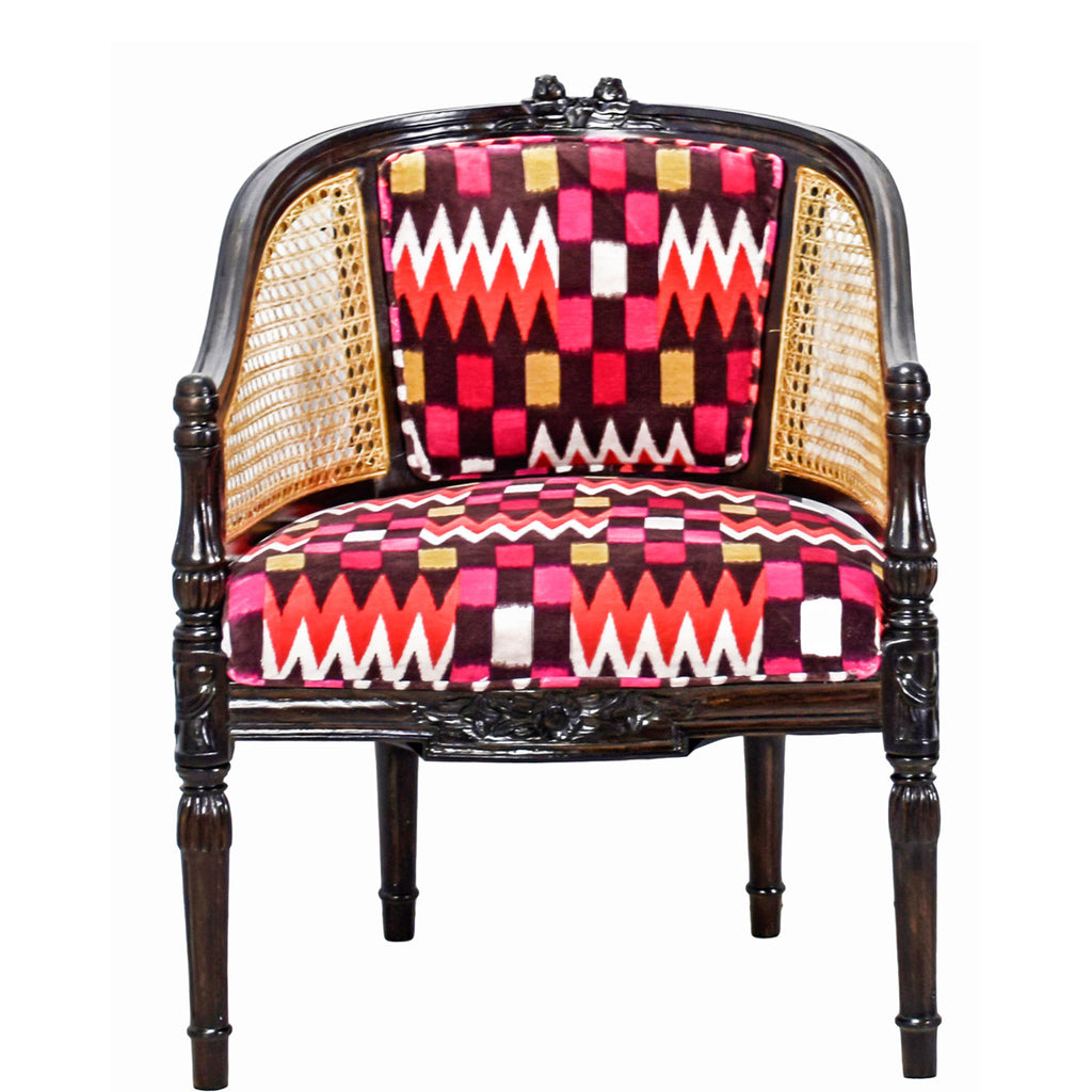 TimberTaste CANE Red Abstract Design Lounge Cafetaria Accent Patio Chair Solid Wood Walnut Finish Frame.