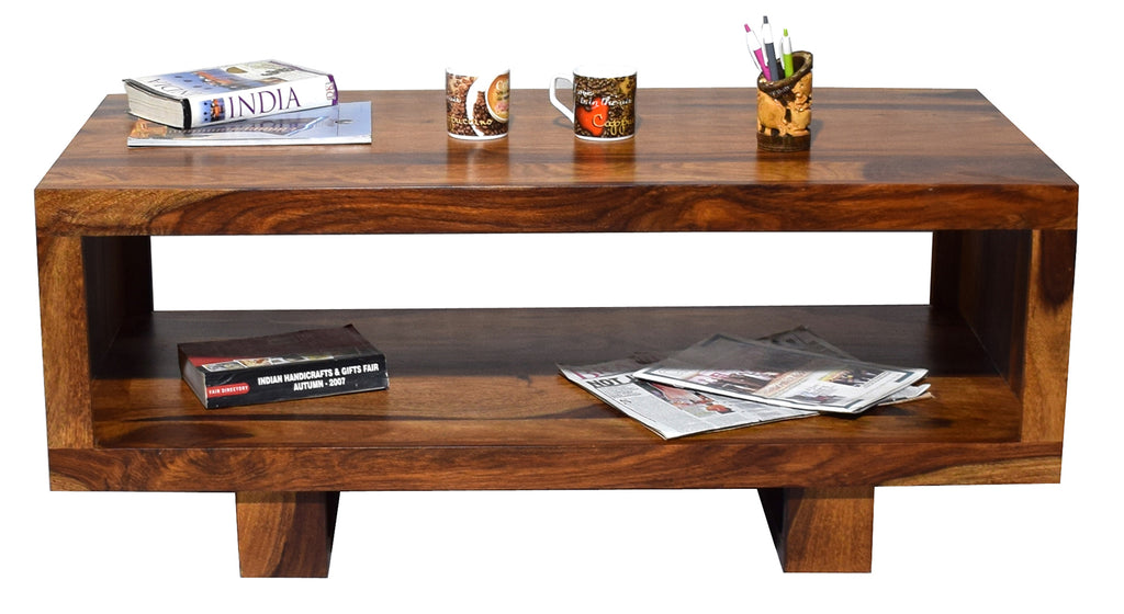 Timbertaste Sheesham Solid Wood CARBON Natural Teak Finish Coffee Center Table Teapoy, Sheesham wood coffee table, rosewood, center table, solid wood table, teapoy, fish tank stand Teak Finish