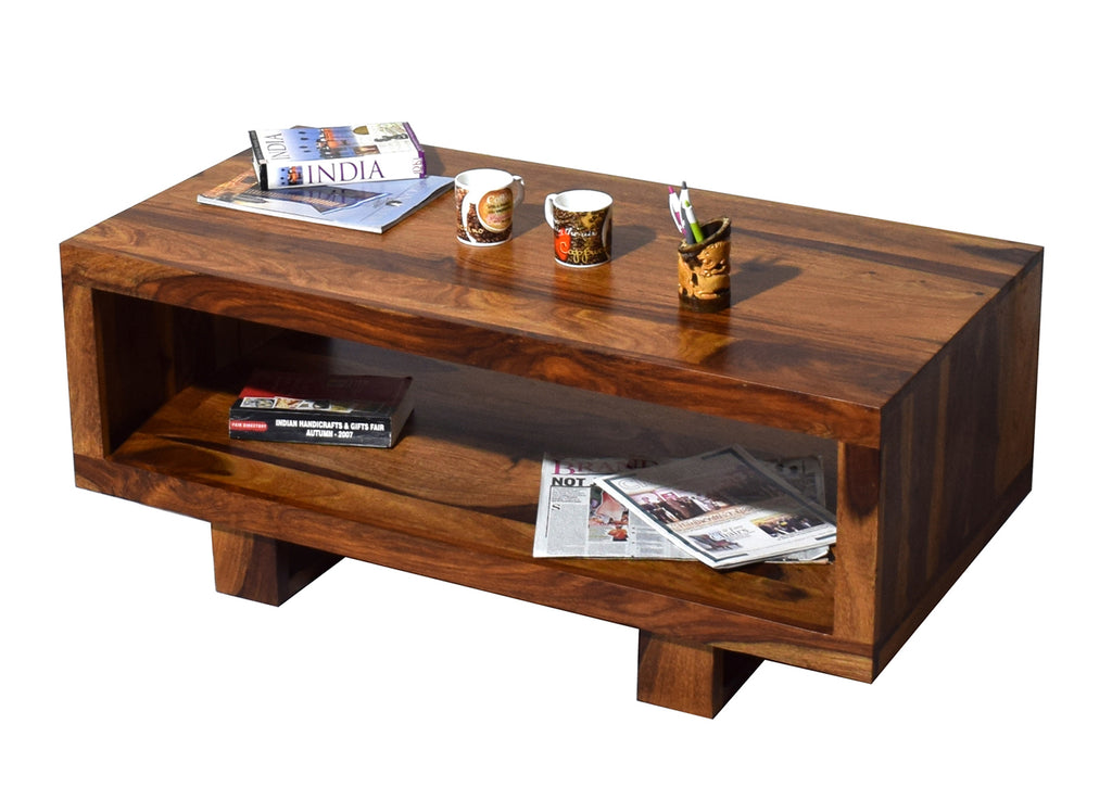 Timbertaste Sheesham Solid Wood CARBON Natural Teak Finish Coffee Center Table Teapoy, Sheesham wood coffee table, rosewood, center table, solid wood table, teapoy, fish tank stand Teak Finish