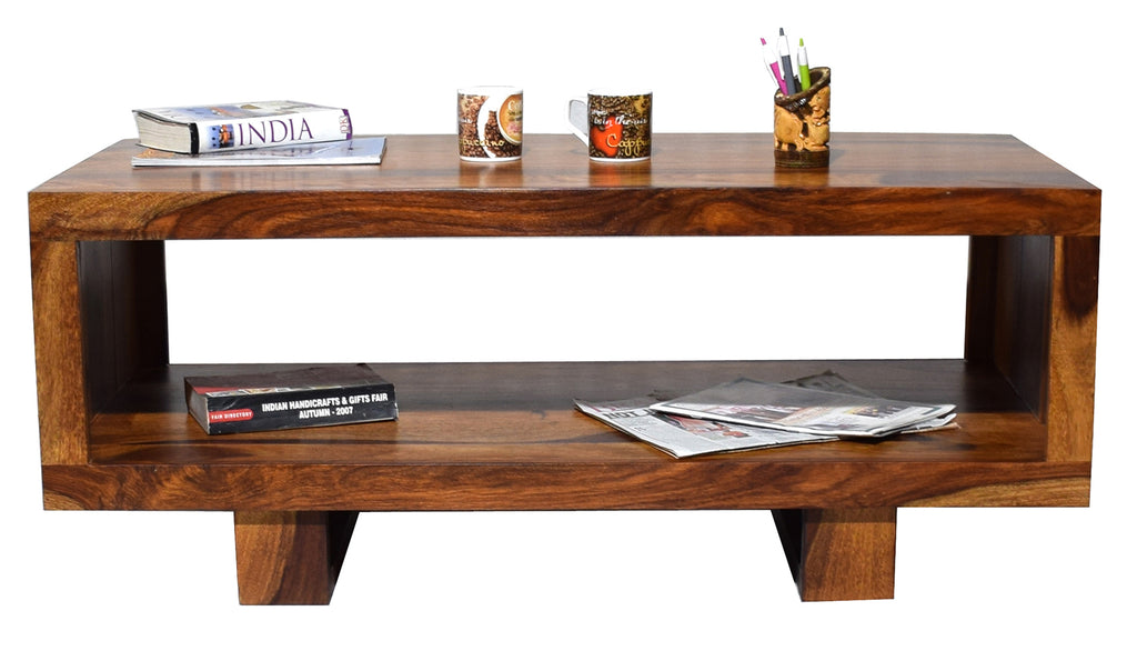 Timbertaste Sheesham Solid Wood CARBON Natural Teak Finish Coffee Center Table Teapoy, Sheesham wood coffee table, rosewood, center table, solid wood table, teapoy, fish tank stand Teak Finish