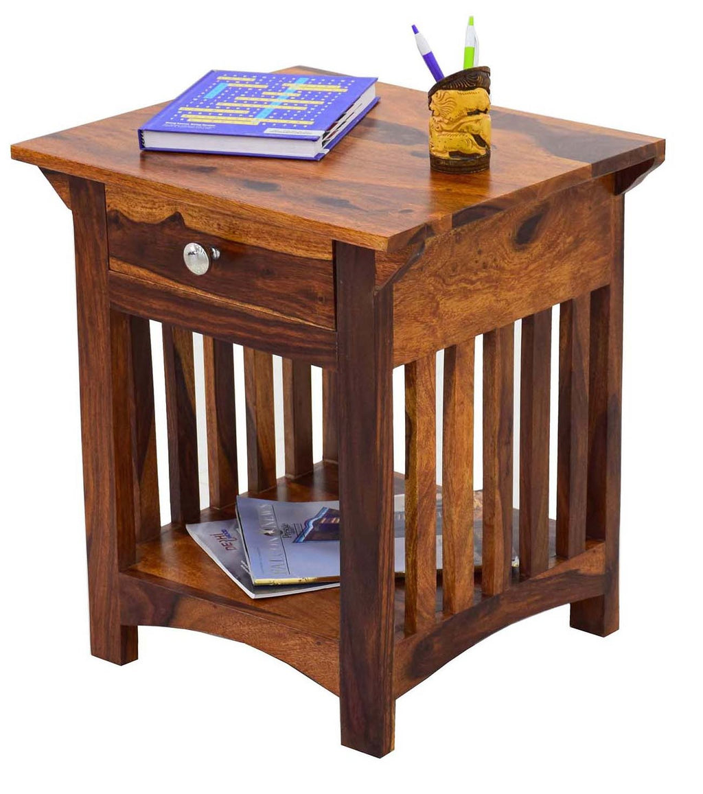 TimberTaste COOPER Solid Wood End Table in Natural Teek And Dark Walnut Finish, corner table, end table, accent table, solid wood table, telephone table, fish tank stand, wooden table, sofa table, bedside table,Teek Finish.