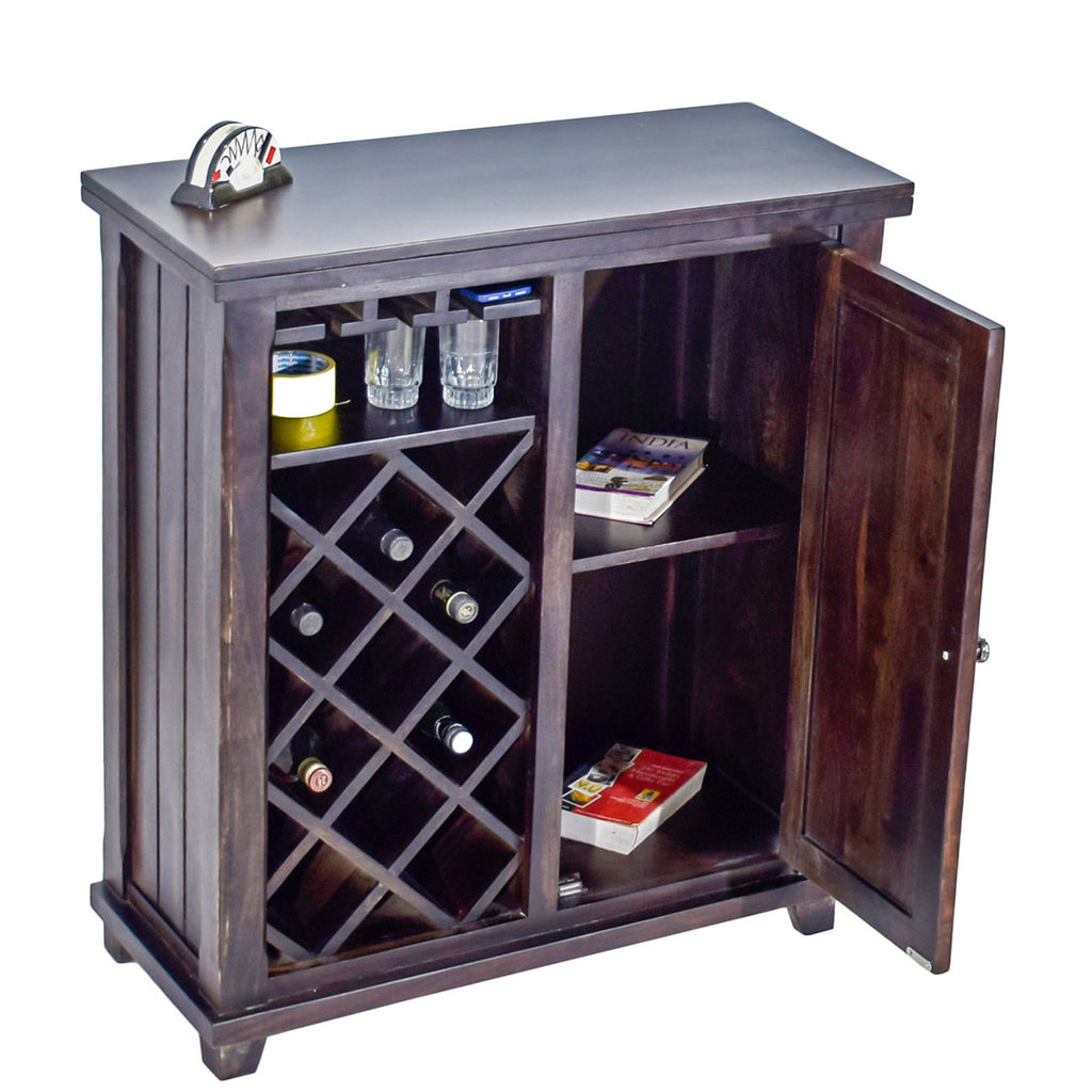 TimberTaste Sheesham Wood Bar Cabinet Wine Rack (Dark Walnut Finish).