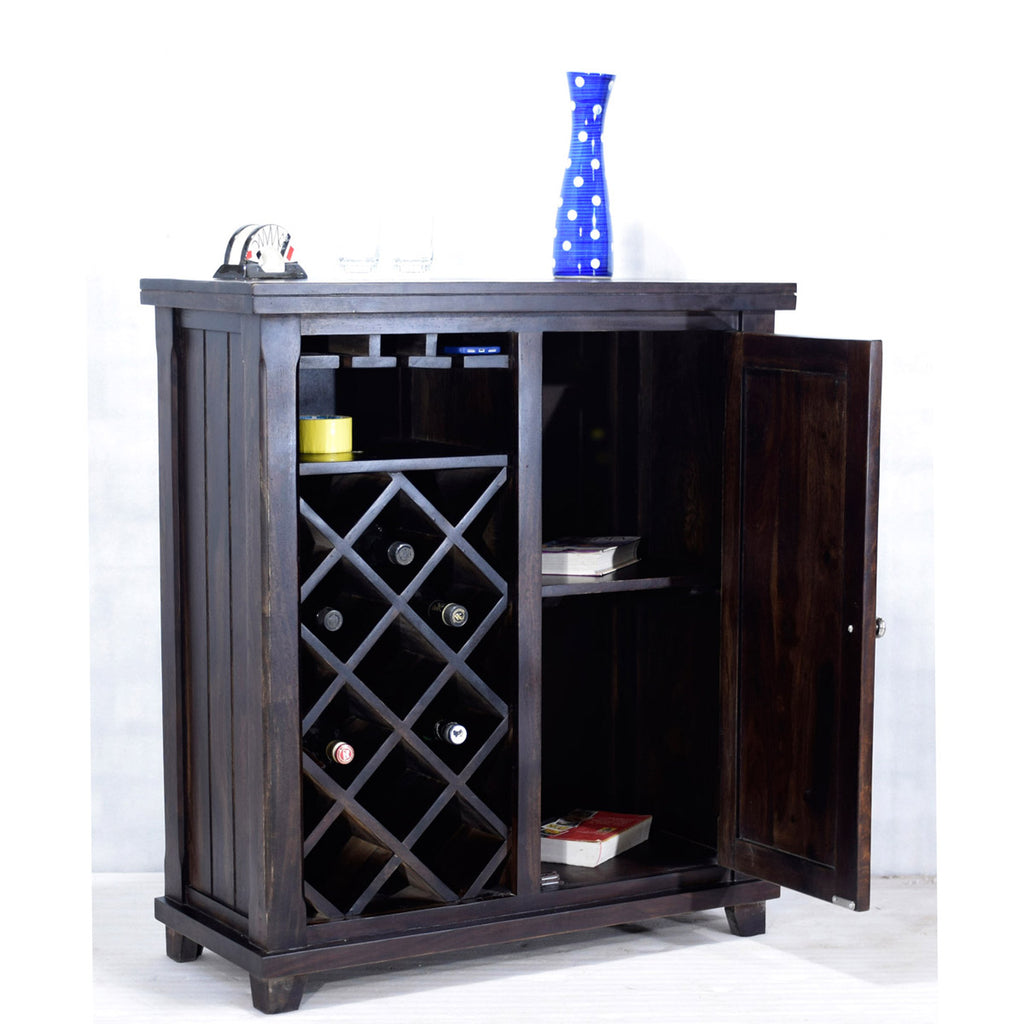 TimberTaste Sheesham Wood Bar Cabinet Wine Rack (Dark Walnut Finish).