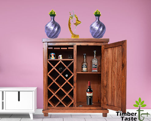 TimberTaste Sheesham Wood Bar Cabinet Wine Rack (Natural Teak Finish).