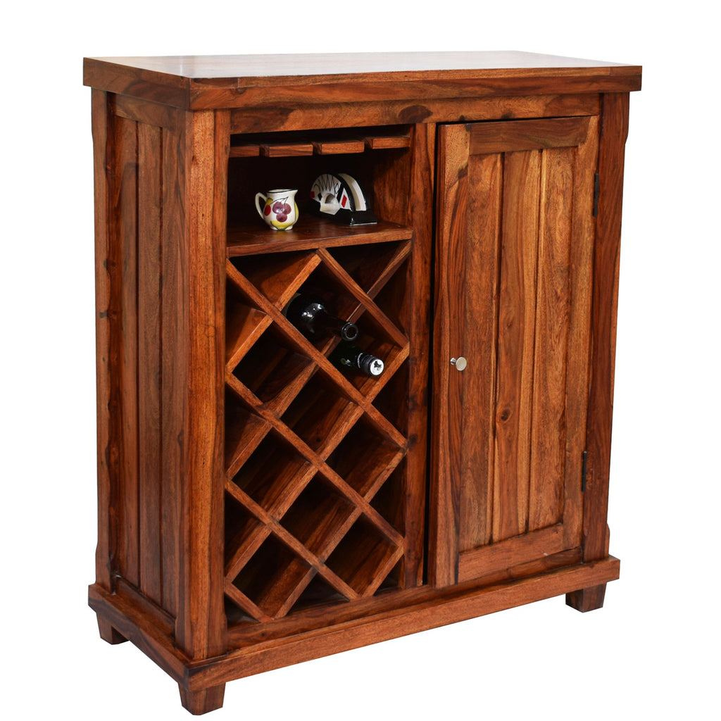 TimberTaste Sheesham Wood Bar Cabinet Wine Rack (Natural Teak Finish).
