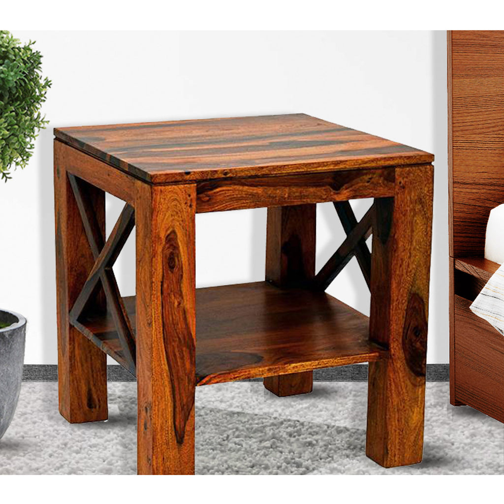 TimberTaste Sheesham Wood CROSS Side Table Natural Teak Finish