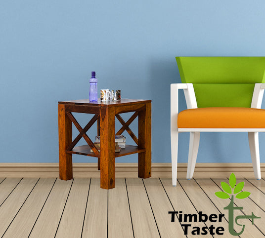 TimberTaste Sheesham Wood CROSS Side Table Natural Teak Finish