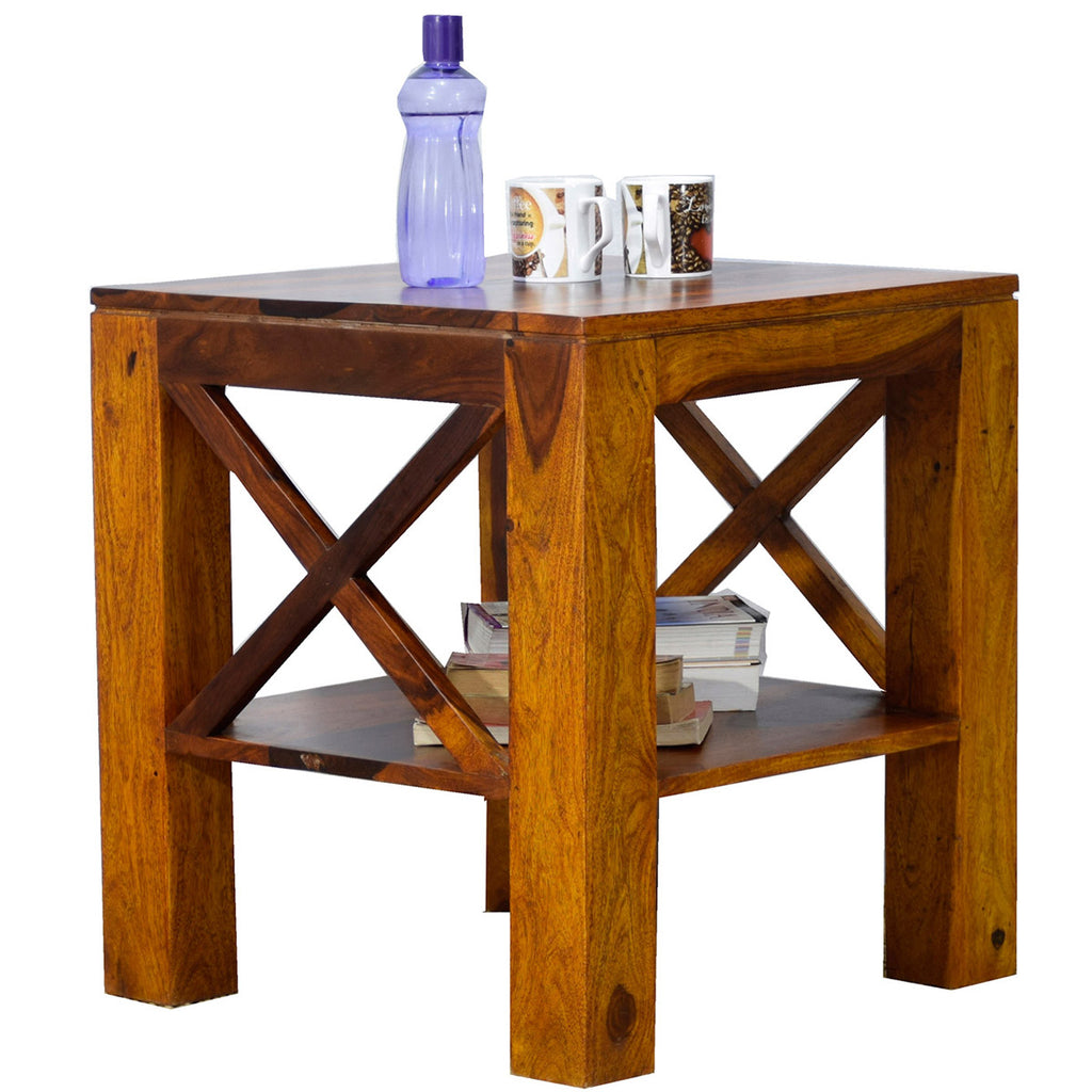 TimberTaste Sheesham Wood CROSS Side Table Natural Teak Finish
