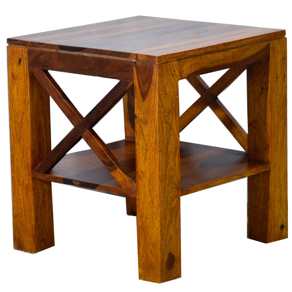 TimberTaste Sheesham Wood CROSS Side Table Natural Teak Finish