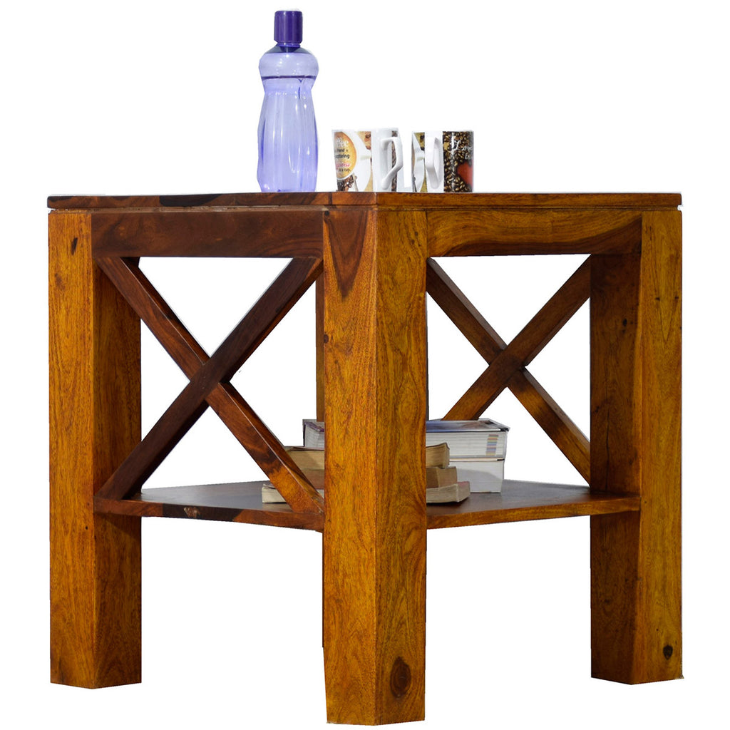 TimberTaste Sheesham Wood CROSS Side Table Natural Teak Finish
