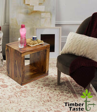 TimberTaste Sheesham Wood CUBO Side End Table Cube Style Natural Teak Finish