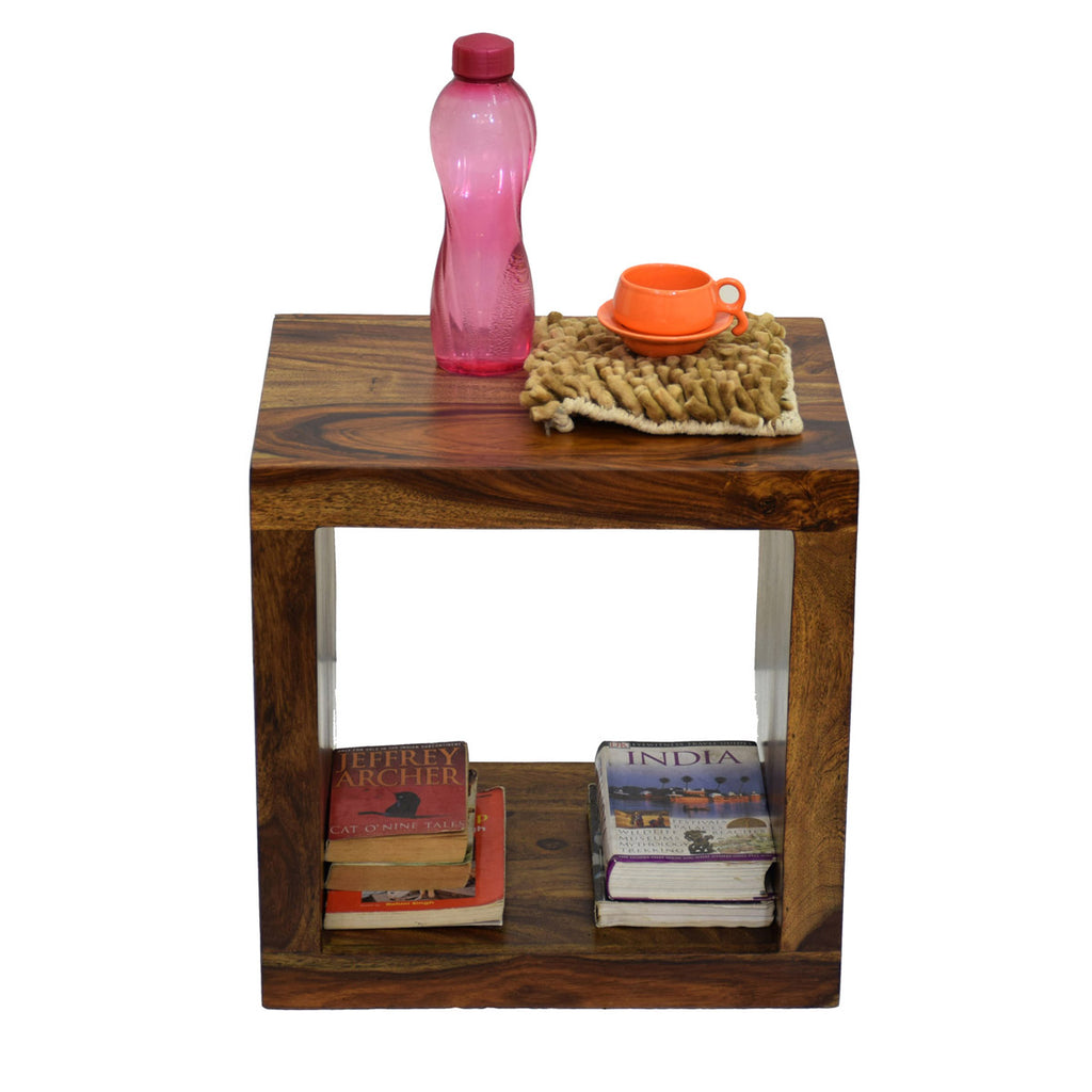 TimberTaste Sheesham Wood CUBO Side End Table Cube Style Natural Teak Finish