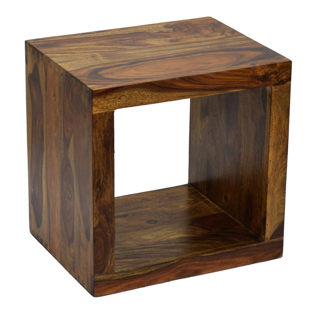 TimberTaste Sheesham Wood CUBO Side End Table Cube Style Natural Teak Finish