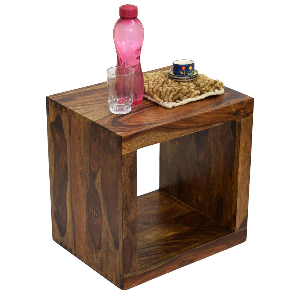 TimberTaste Sheesham Wood CUBO Side End Table Cube Style Natural Teak Finish