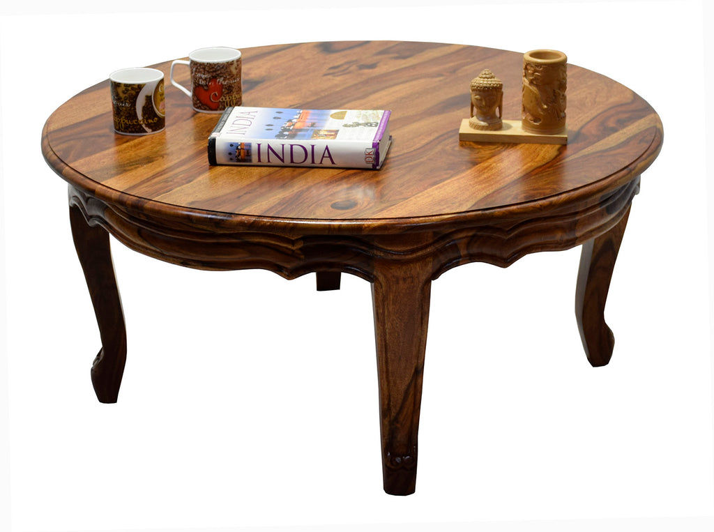 Timbertaste Sheesham Solid Wood CURVO Round Natural Teak Finish Coffee Center Table Teapoy, Sheesham wood coffee table, rosewood, center table, solid wood table, teapoy, fish tank stand Teak Finish