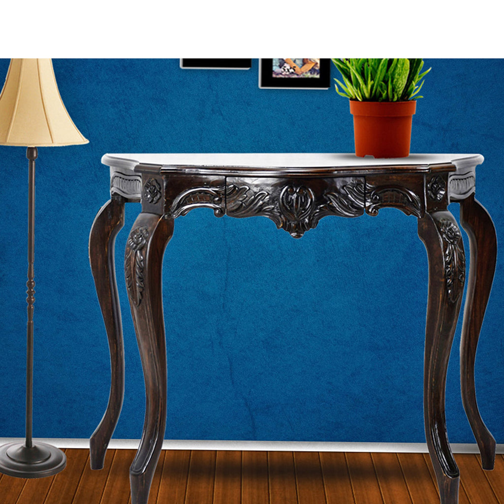TimberTaste Veneer Top Teak Wood 1 Drawer CURVO Console Hall Table (Dark Walnut Finish) suitable for living room.