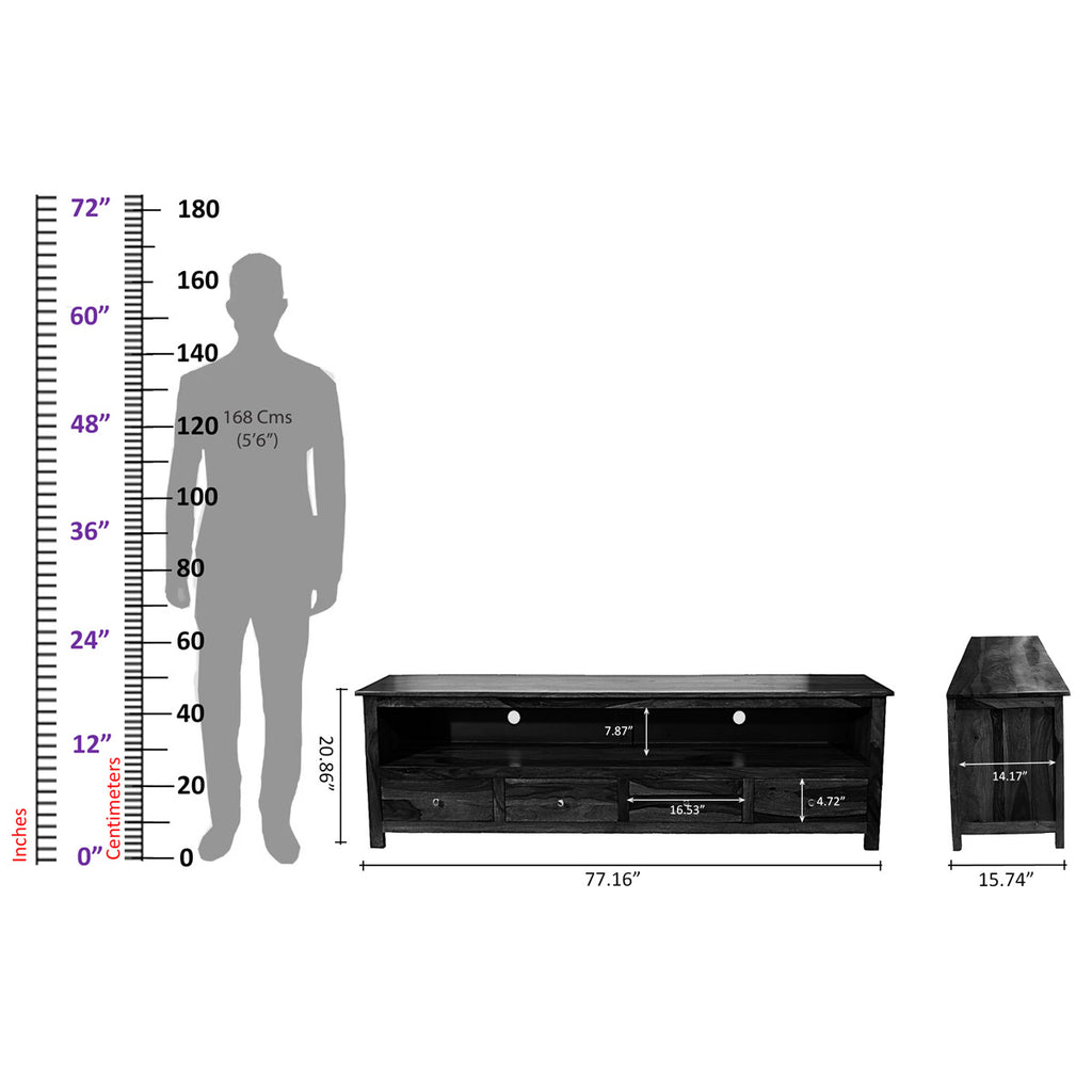 TimberTaste Solid Sheesham (Rosewood) Wood DOLLY 4 Draw TV Cabinet (Dark Walnut Finish)