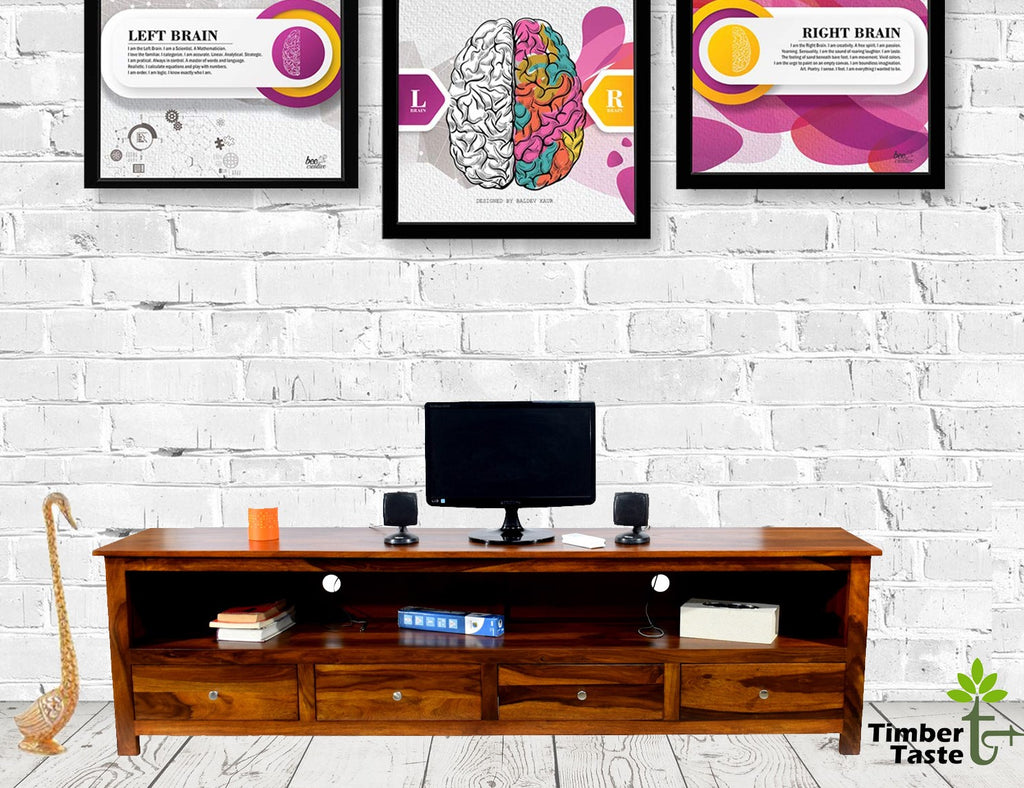 TimberTaste Solid Sheesham (Rosewood) Wood DOLLY 4 Draw TV Cabinet (Natural Teak Finish)