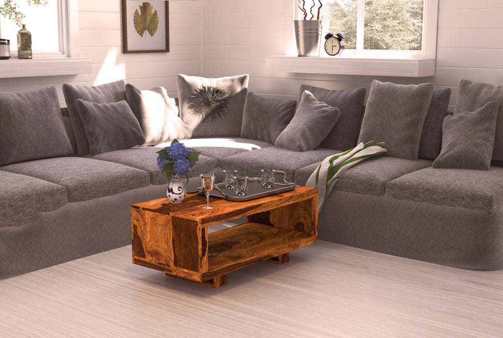 Timbertaste Sheesham Solid Wood CARBON Natural Teak Finish Coffee Center Table Teapoy, Sheesham wood coffee table, rosewood, center table, solid wood table, teapoy, fish tank stand Teak Finish