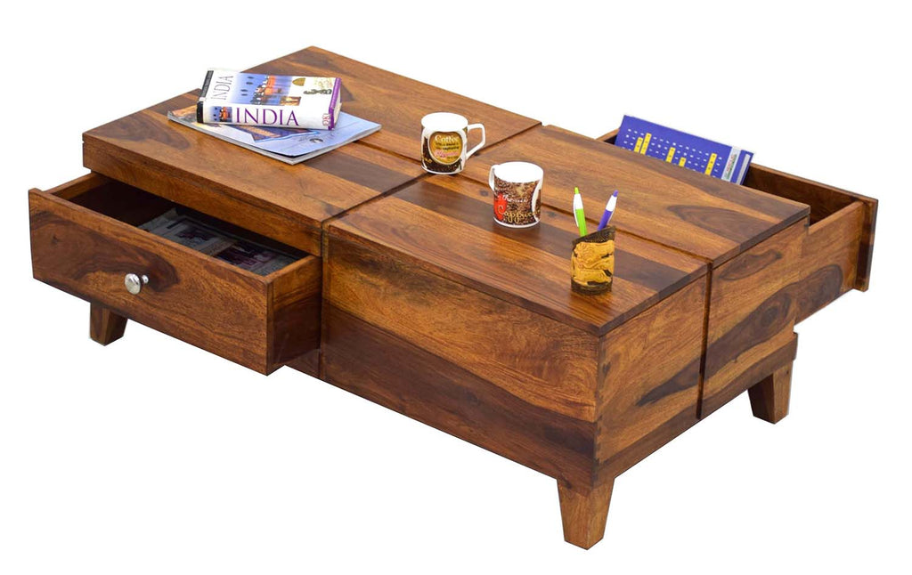 Timbertaste Sheesham Solid Wood FARGO Round Natural Teak Finish Coffee Center Table Teapoy, Sheesham wood coffee table, rosewood, center table, solid wood table, teapoy, fish tank stand Teak Finish