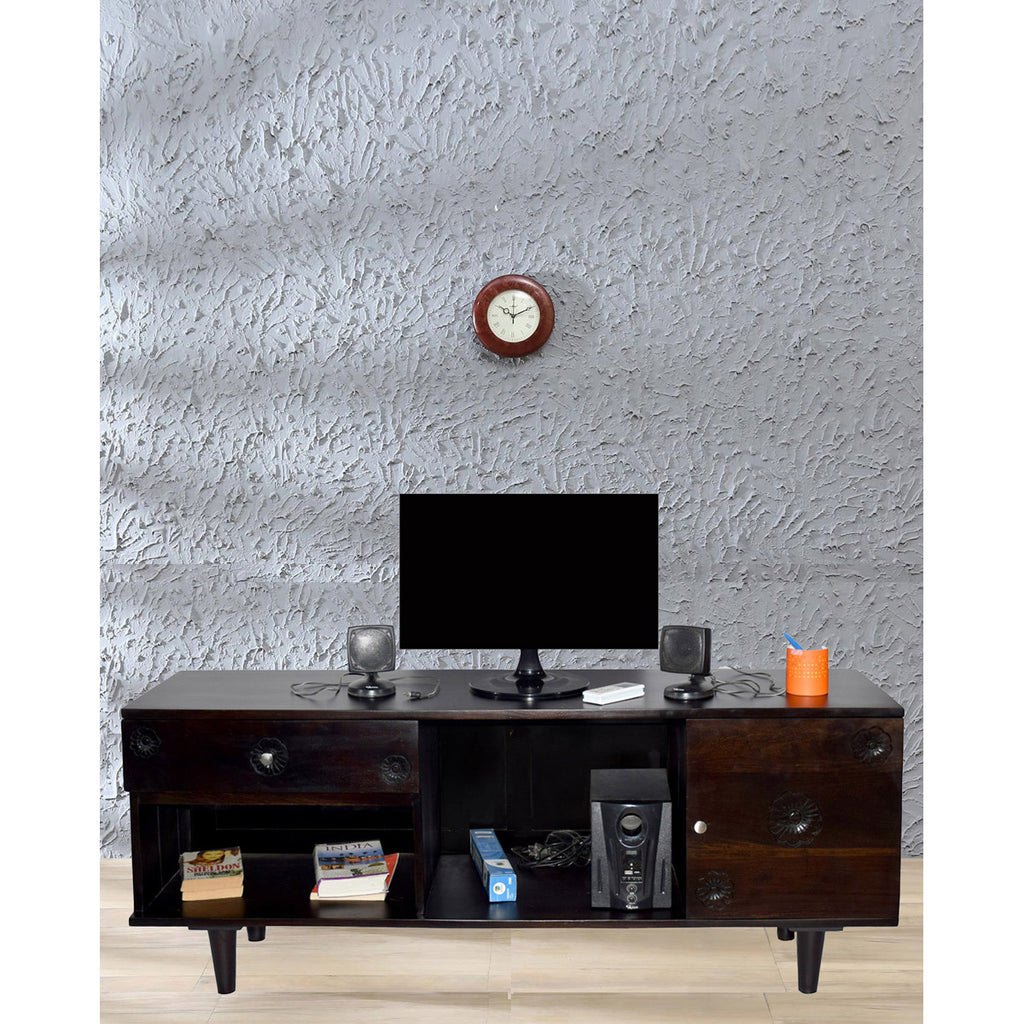 TimberTaste FLORA Solid Wood TV Entertainment Unit  (Finish Color - Dark Walnut)