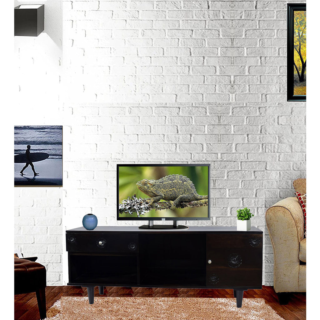 TimberTaste Sheesham Wood FLORA 1.4 Meter 1 Door 1 Draw TV Unit Cabinet Entertainment Stand (Dark Walnut Wood Finish)