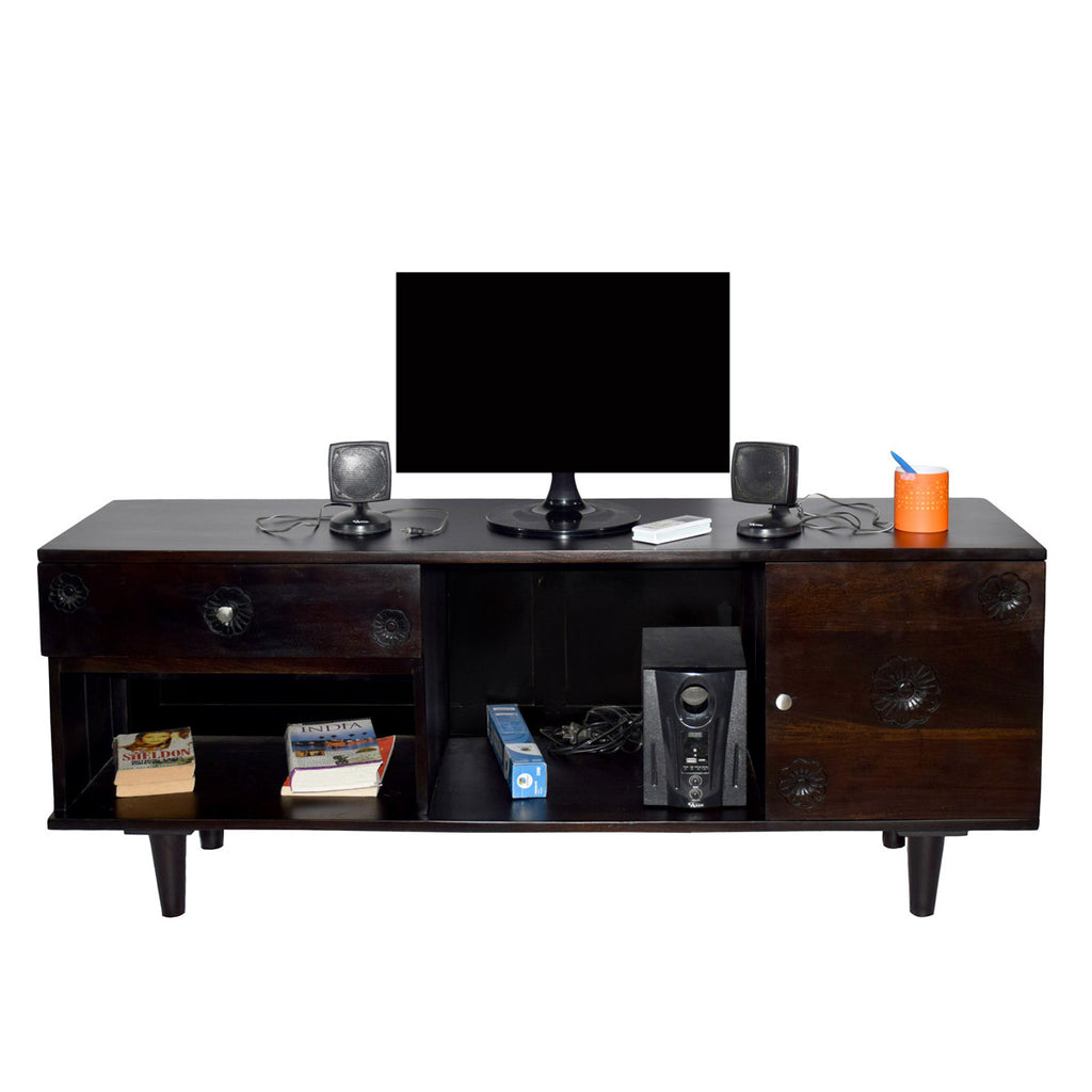 TimberTaste FLORA Solid Wood TV Entertainment Unit  (Finish Color - Dark Walnut)