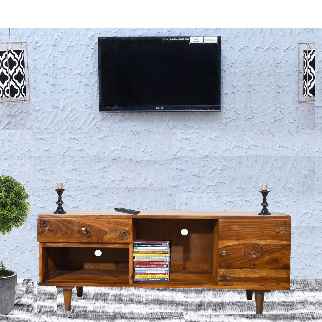 TimberTaste Sheesham Wood FLORA 1.4 Meter 1 Door 1 Draw TV Unit Cabinet Entertainment Stand (Natural teak Wood Finish)