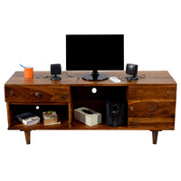 TimberTaste Sheesham Wood FLORA 1.4 Meter 1 Door 1 Draw TV Unit Cabinet Entertainment Stand (Natural teak Wood Finish)