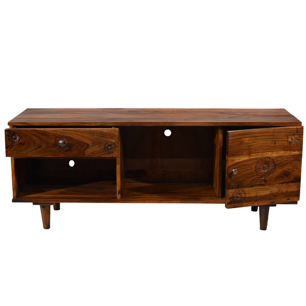 TimberTaste Sheesham Wood FLORA 1.4 Meter 1 Door 1 Draw TV Unit Cabinet Entertainment Stand (Natural teak Wood Finish)