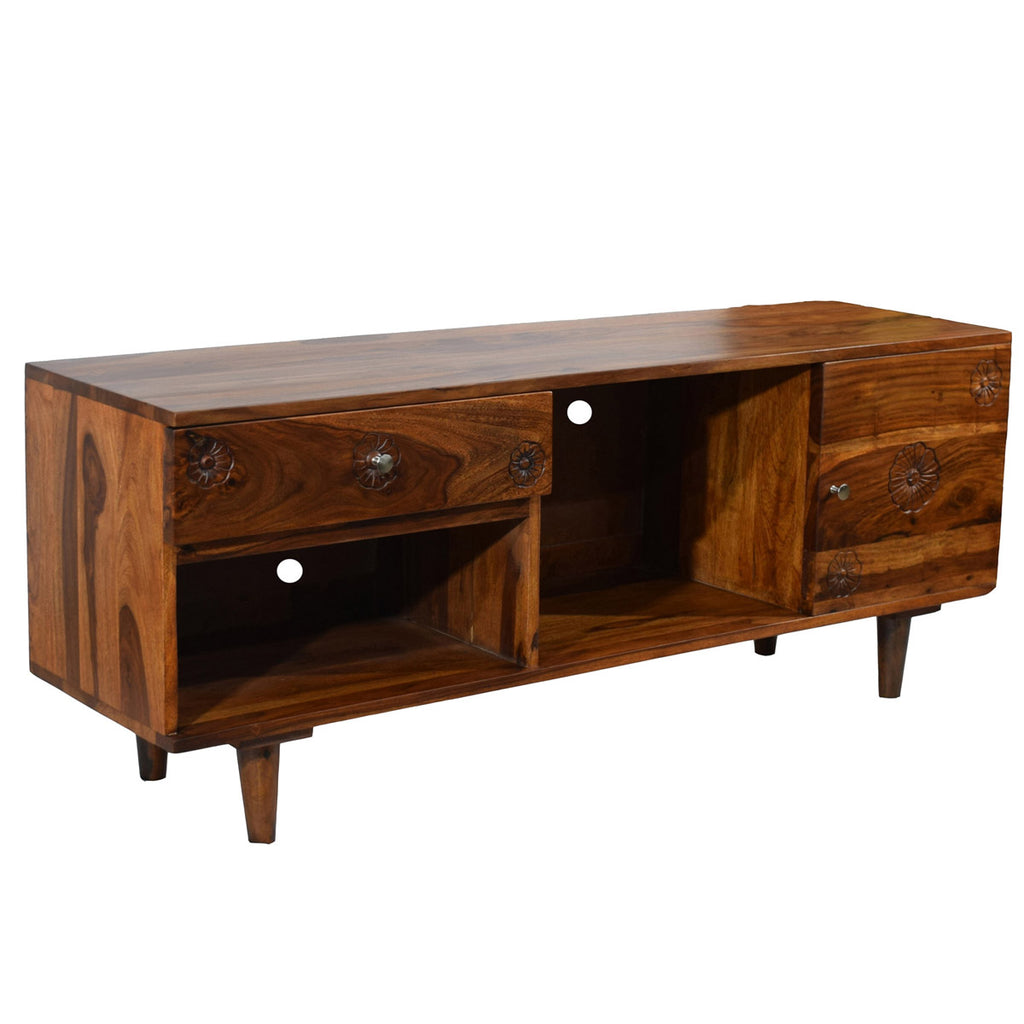 TimberTaste Sheesham Wood FLORA 1.4 Meter 1 Door 1 Draw TV Unit Cabinet Entertainment Stand (Natural teak Wood Finish)