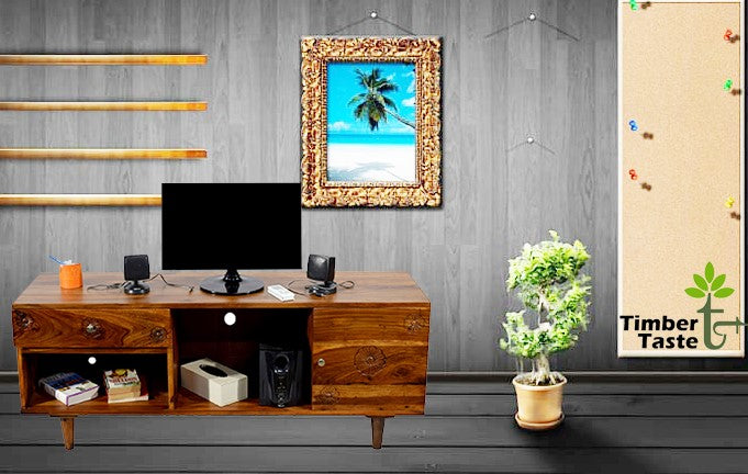 TimberTaste Sheesham Wood FLORA 1.4 Meter 1 Door 1 Draw TV Unit (Natural teak)