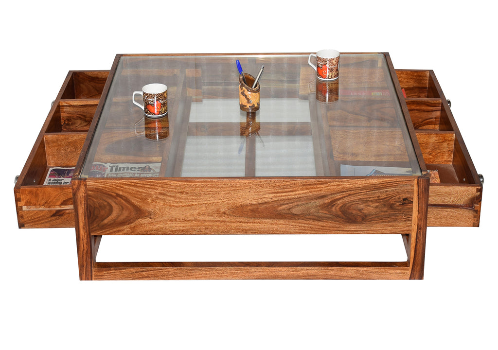 Timbertaste Sheesham Solid Wood G4DRAW Natural Teak Finish Coffee Center Table Teapoy, Sheesham wood coffee table, rosewood, center table, solid wood table, teapoy, fish tank stand Teak Finish