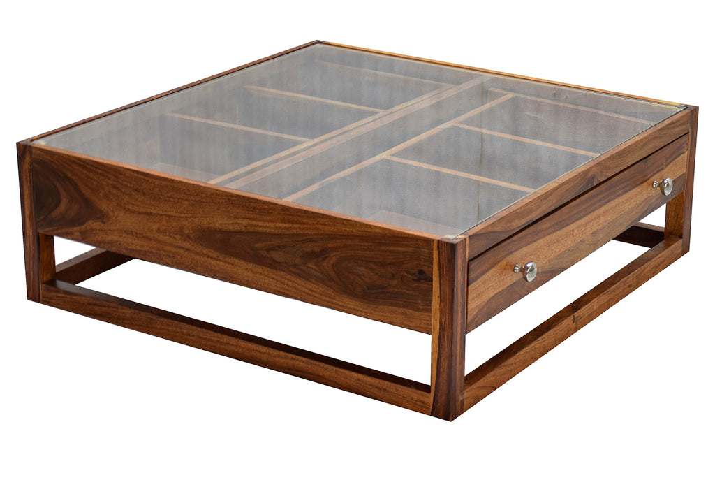 Timbertaste Sheesham Solid Wood G4DRAW Natural Teak Finish Coffee Center Table Teapoy, Sheesham wood coffee table, rosewood, center table, solid wood table, teapoy, fish tank stand Teak Finish