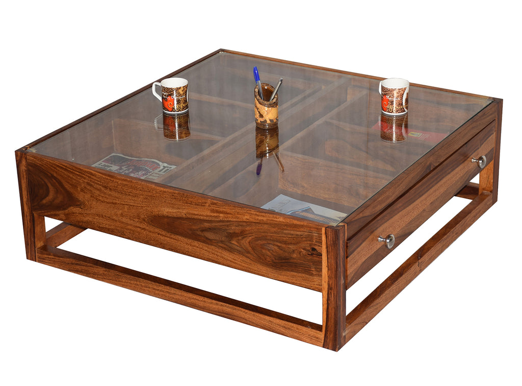 Timbertaste Sheesham Solid Wood G4DRAW Natural Teak Finish Coffee Center Table Teapoy, Sheesham wood coffee table, rosewood, center table, solid wood table, teapoy, fish tank stand Teak Finish