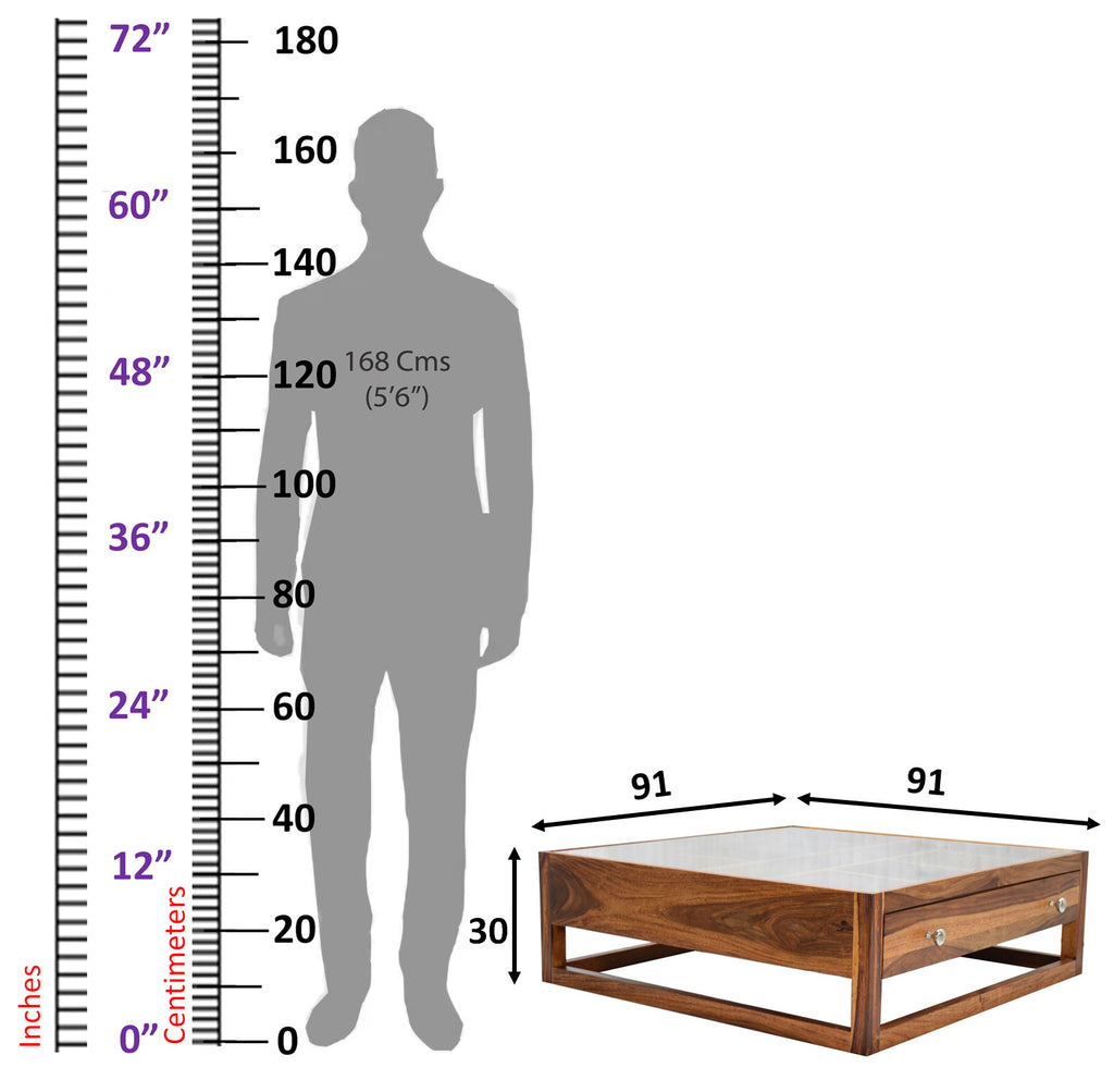 Timbertaste Sheesham Solid Wood G4DRAW Natural Teak Finish Coffee Center Table Teapoy, Sheesham wood coffee table, rosewood, center table, solid wood table, teapoy, fish tank stand Teak Finish