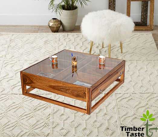 Timbertaste Sheesham Solid Wood with Glass Top G4DRAW Natural Teak Finish Coffee Corner Table Teapoy