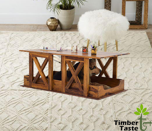 Timbertaste Sheesham Solid Wood HAWADA Natural Teak Finish Coffee Center Table Teapoy