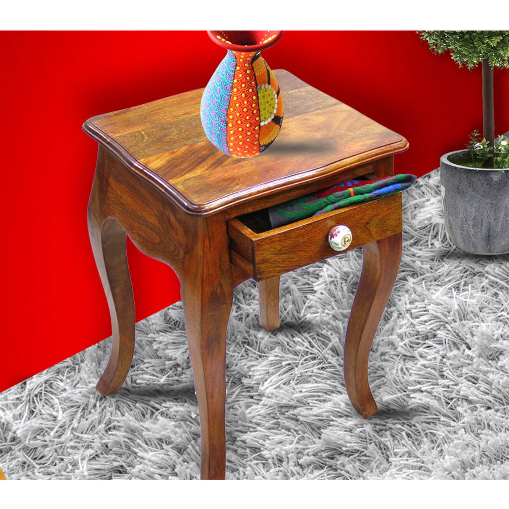 TimberTaste Solid Wood 1 Draw LOPAZ Side End Corner Table Natural Teak Finish