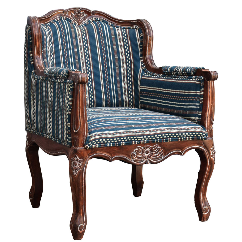 TimberTaste Lounge Cafetaria Handloom Fabric Accent Patio Chair Solid Rustic Walnut Finish Frame