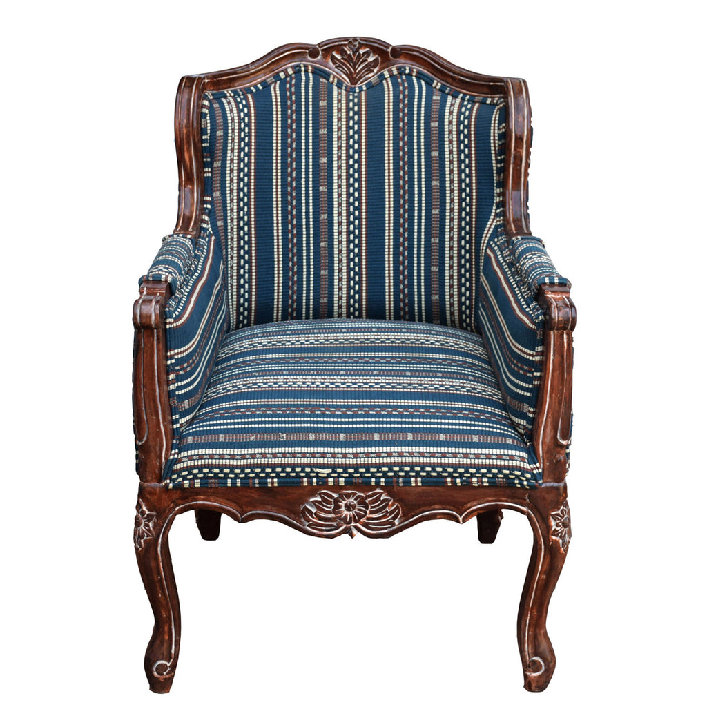 TimberTaste Lounge Cafetaria Handloom Fabric Accent Patio Chair Solid Rustic Walnut Finish Frame