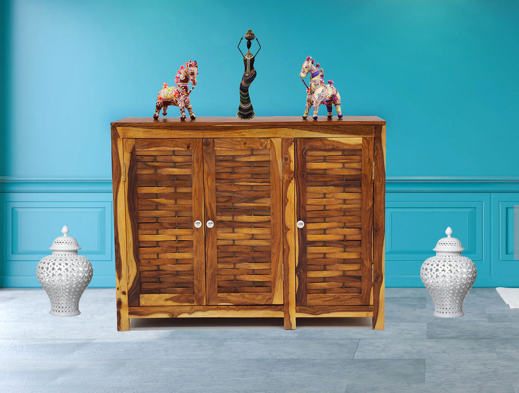 TimberTaste Sheesham Wood 3 door JOHN side board (Dark Walnut Finish).