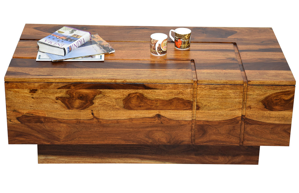 Timbertaste Sheesham Solid Wood KATEE Natural Teak Finish Coffee Center Table Teapoy, Sheesham wood coffee table, rosewood, center table, solid wood table, teapoy, fish tank stand Teak Finish