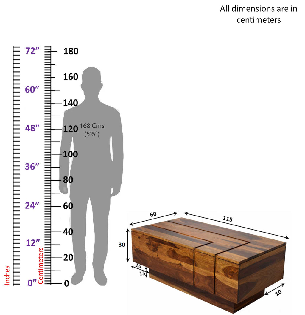 Timbertaste Sheesham Solid Wood KATEE Natural Teak Finish Coffee Center Table Teapoy, Sheesham wood coffee table, rosewood, center table, solid wood table, teapoy, fish tank stand Teak Finish